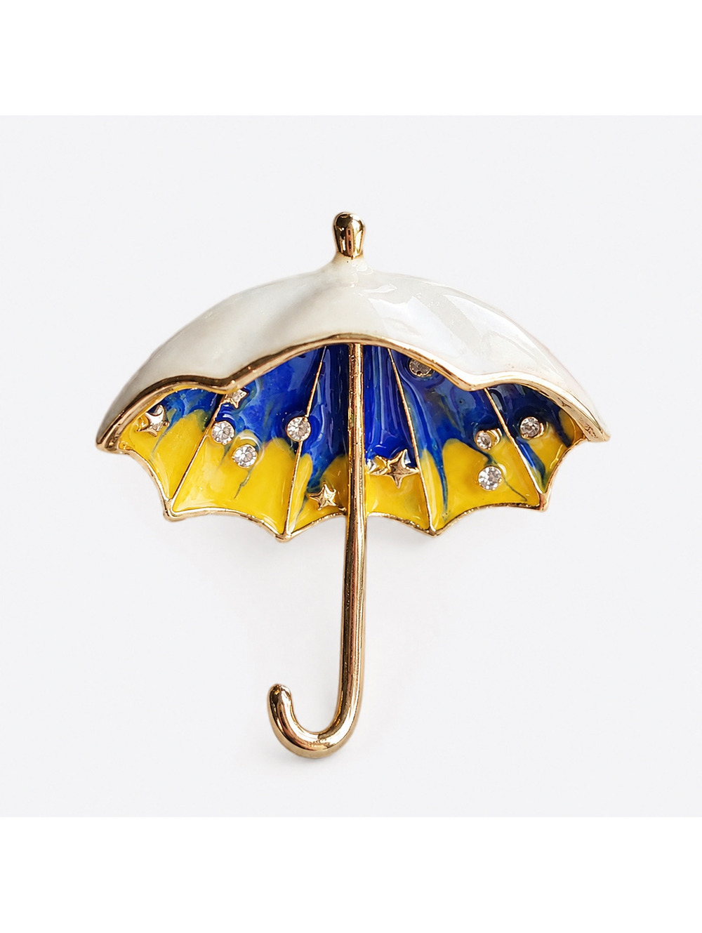 Umbrella Shaped Brooch with White, Blue, and Yellow Enamel